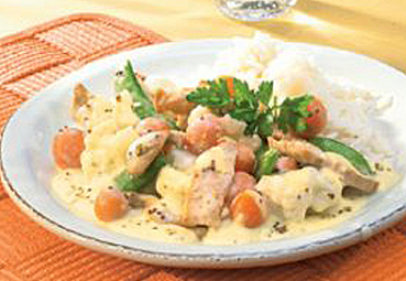 Geschnetzeltes in Gemüse-Senf-Sauce
