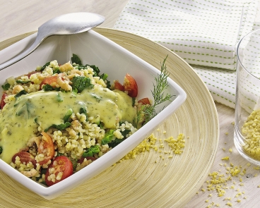 Bulgur mit Spinat und Krabben