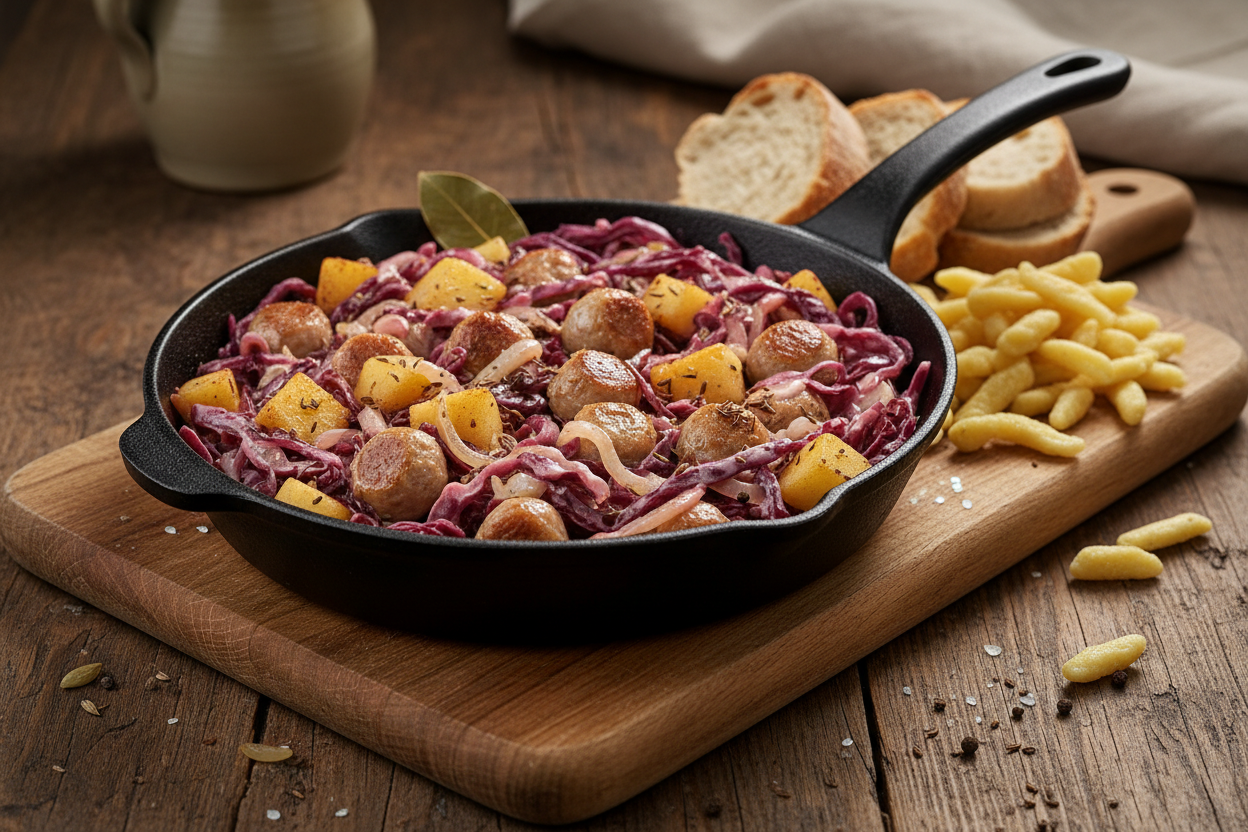 Bratwurstpfanne mit Rotkohl