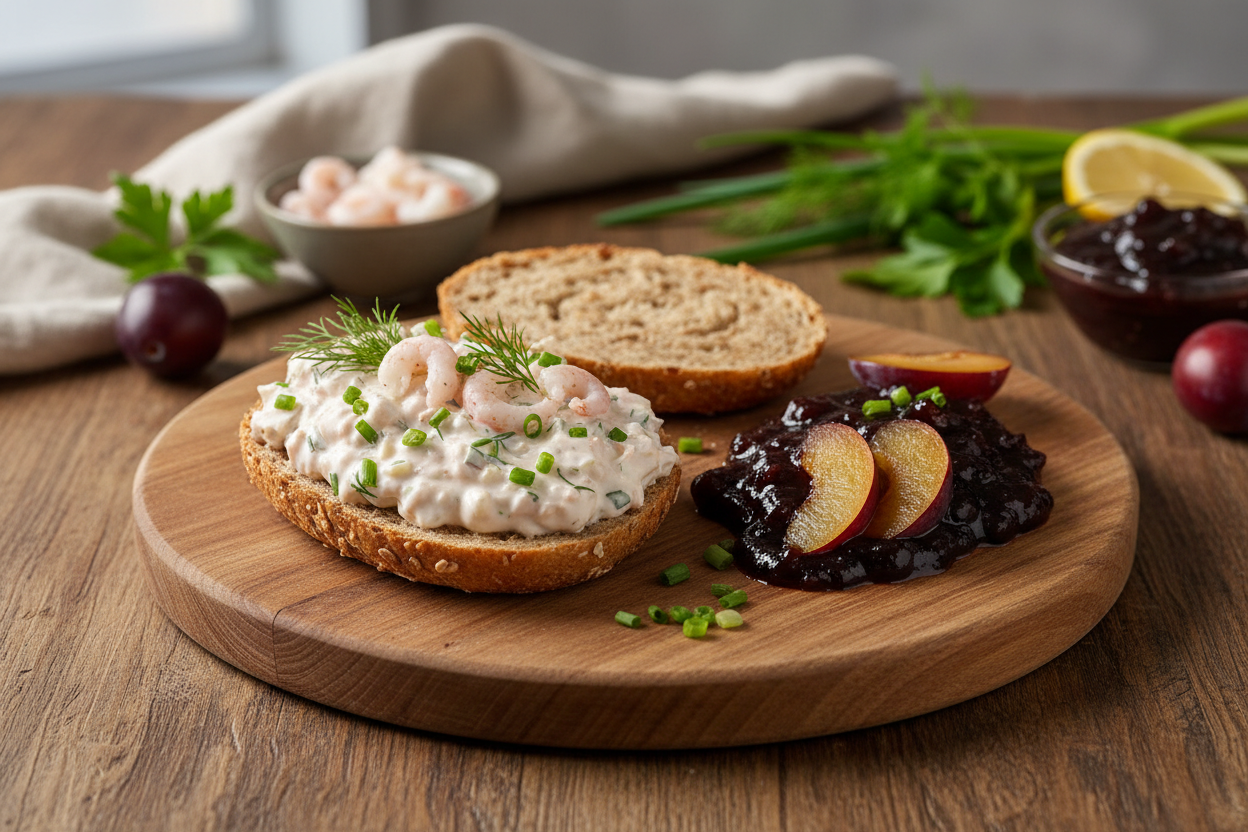 Vollkornbrötchen mit Krabbencrème und Pflaumenmus
